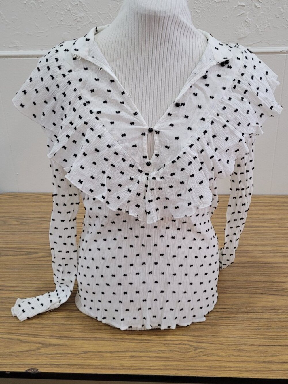 Zara White Black Textured Dot Ruffle V-Neck Blouse Top - Size XL